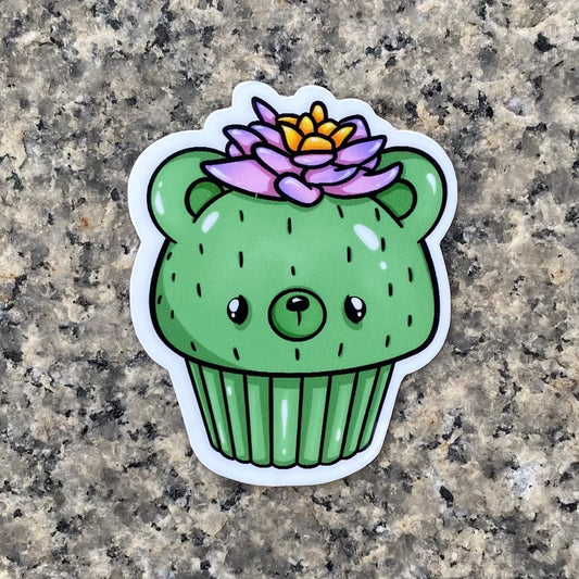 Kawaii Cactus Bear with Lotus Cupcake Sticker