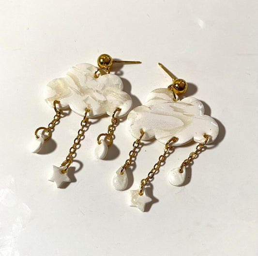 White Marbleized Cloud Dangle Earrings