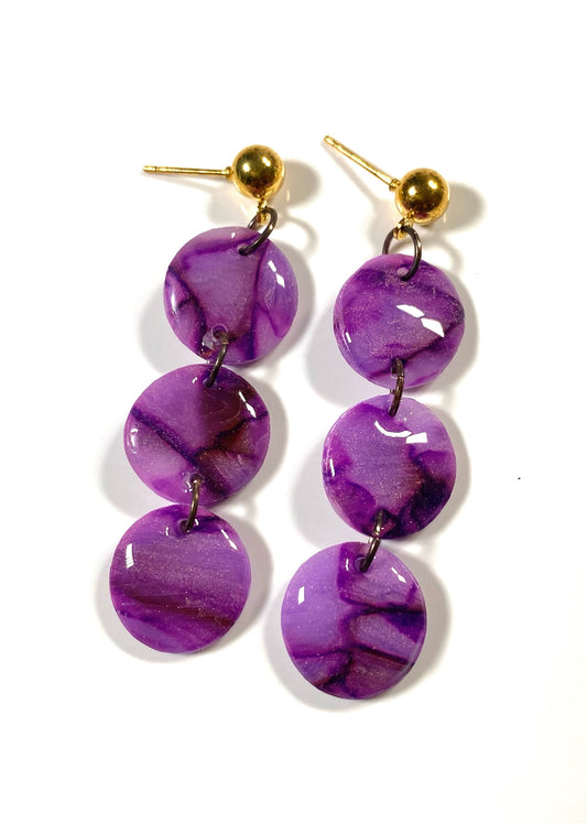 Purple Marbleized Triple Circle Dangle Earrings