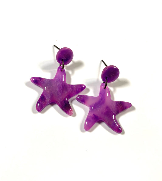 Purple Marbleized Starfish Dangle Earrings