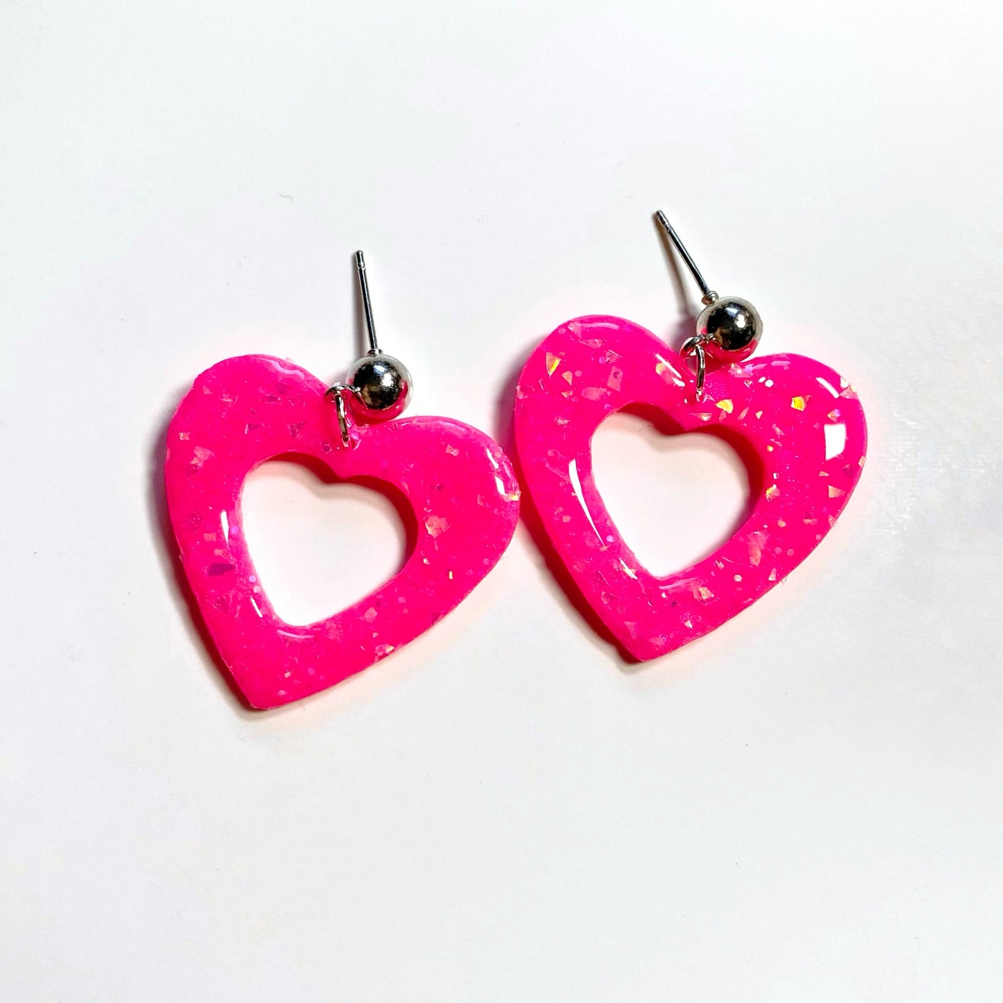 Hot Pink Sparkley Heart Hoop Earrings