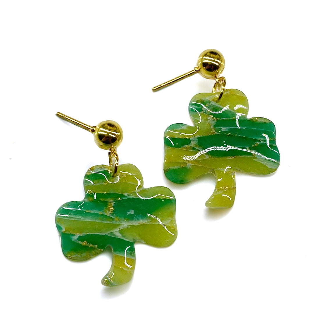 Green Marbleized Shamrock Dangle Earrings