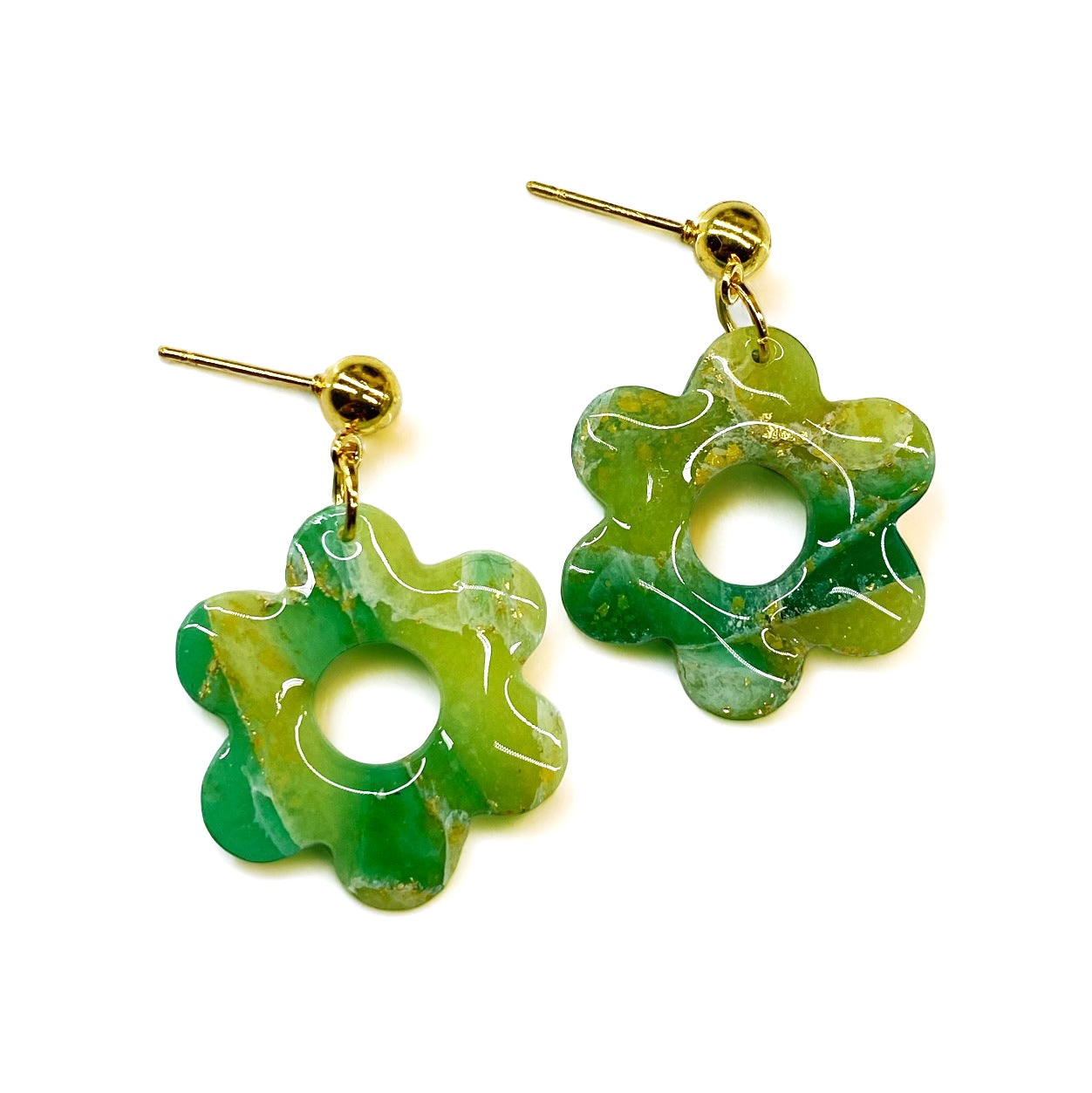 Green Marbleized Flower Dangle Earrings