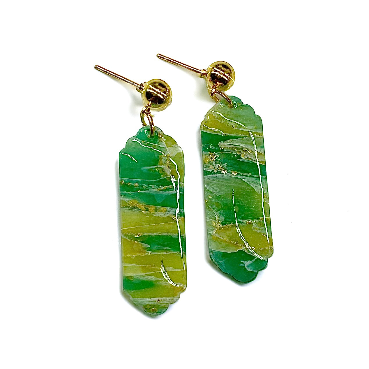 Green Marbleized Dangle Earrings with Scalloped Edge